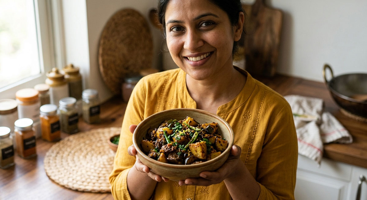 A smiling Indian woman holding a bowl of authentic Baigan Aloo Charchari (char-flavored spiced eggplant and potatoes) in a rustic kitchen.