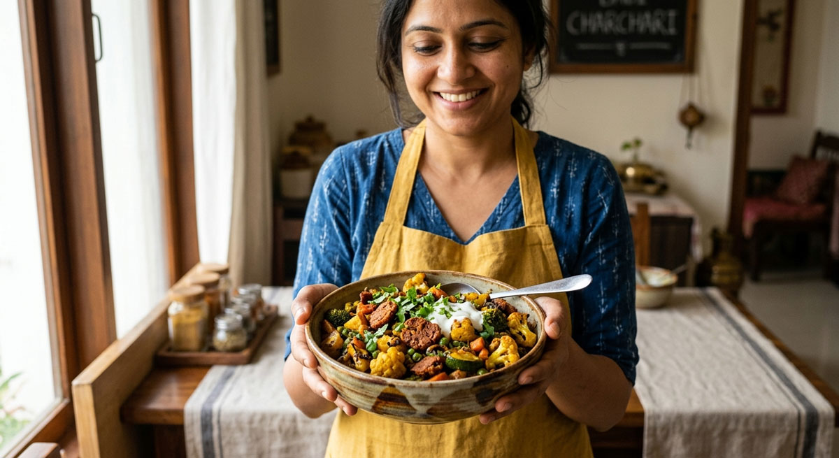 A smiling woman in a yellow apron presenting a rustic bowl of Sabji Badi Charchari, a charred vegetable medley with crunchy urad dal badis, garnished with yogurt and fresh herbs in a home kitchen.