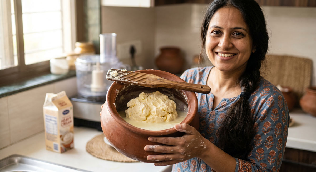 A smiling Indian woman holds a traditional earthen ghara pot filled with freshly churned Homemade Makhan and buttermilk, featuring a wooden butter paddle and a food processor in the background.