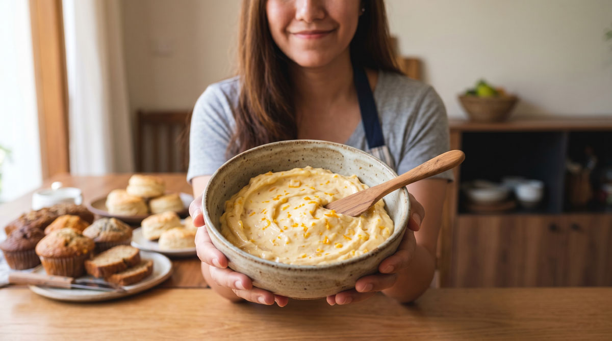 A woman holding a rustic bowl of freshly made Mango Maple Butter, surrounded by an assortment of muffins and tea breads for a cozy brunch setting.