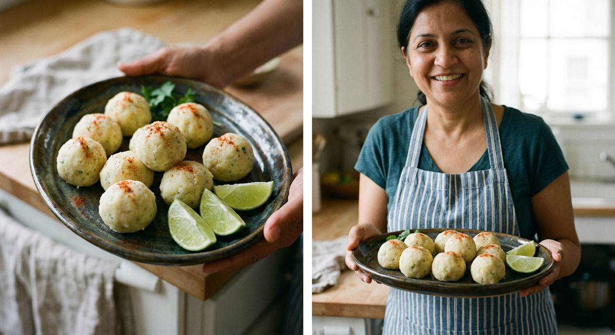A two-panel image showing a recipe for Masala Aloo Bharta (spicy mashed potato balls). On the left, a close-up of a rustic dark plate held by a chef, featuring several seasoned potato balls sprinkled with red spice and garnished with fresh cilantro and three lime wedges. On the right, a smiling woman in a striped kitchen apron proudly presenting the same plate of finished Masala Aloo Bharta in a bright home kitchen.