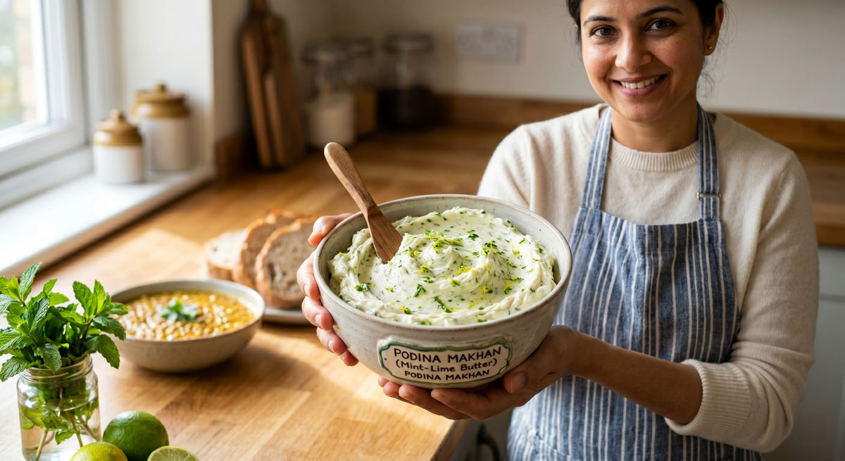 A smiling woman wearing a striped apron stands in a rustic kitchen, holding a large ceramic bowl filled with creamy, homemade Mint-Lime Butter (Podina Makhan) garnished with fresh herbs and lime zest.