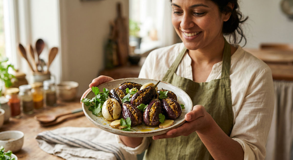 A smiling woman in a green apron holding a ceramic plate filled with Badaam Bhara Baigan, which are pan-fried Stuffed Baby Eggplants (Bharwan Baingan) filled with a rich ground almond and spice mixture, garnished with fresh cilantro and ginger slices in a rustic kitchen environment.