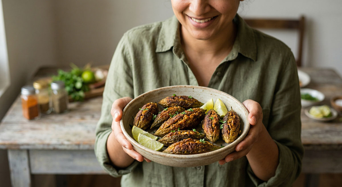 A smiling woman holding a rustic bowl filled with crispy, golden-brown Pan-Fried Whole Bitter Melons (Kaju Bhara Karela) stuffed with a rich cashew and spice filling, garnished with fresh lime wedges.