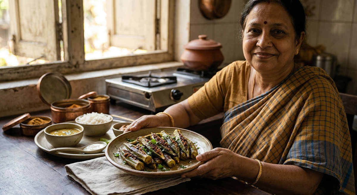 A close-up photograph of a woman wearing a traditional saree, holding a plate of prepared Bhara Bhindi (Stuffed Okra) in a rustic Indian kitchen, with small bowls of dal, rice, and spices on the wooden table behind her.