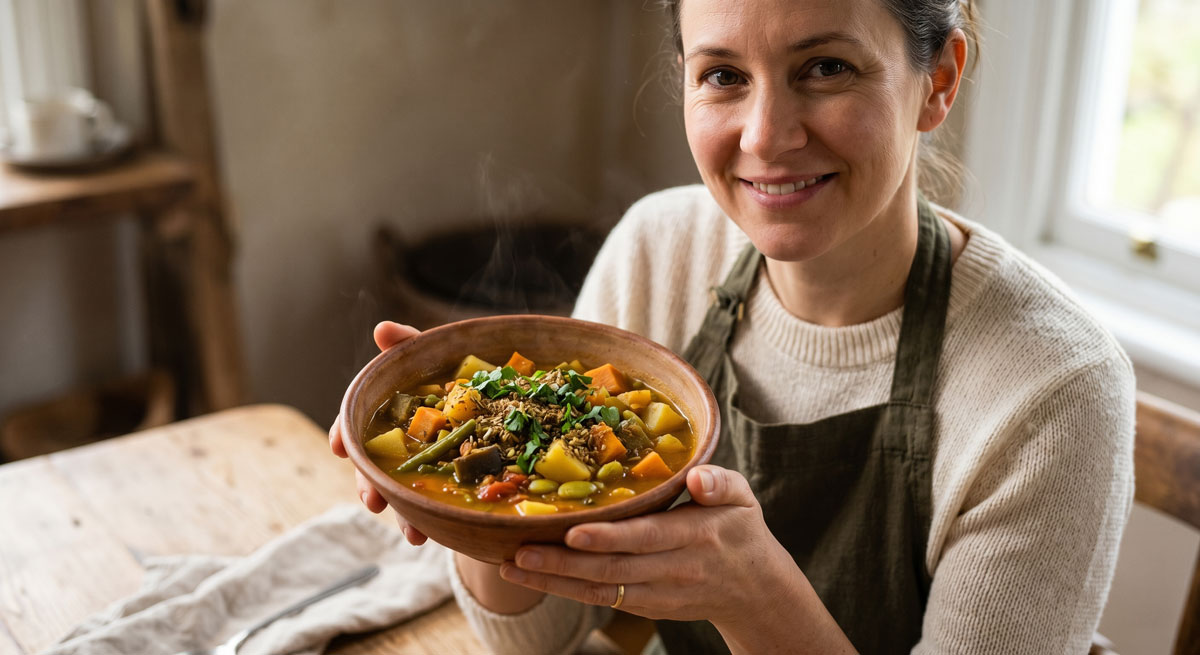 Smiling woman in a kitchen holding a steaming bowl of vegetable soup topped with greens.