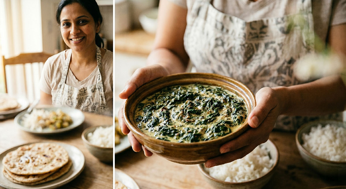 A smiling woman presenting a bowl of authentic Spiced Creamed Spinach MALAI SAK, with other dishes like flatbread and rice visible on a wooden table.