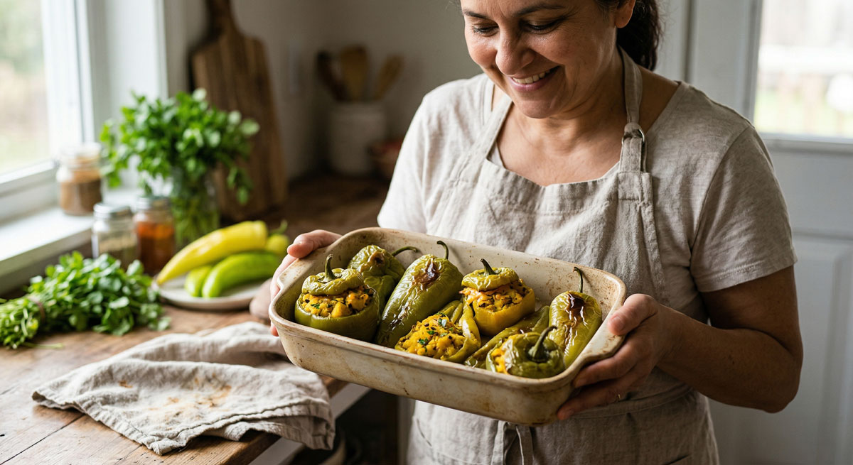 A woman in a rustic kitchen holds a ceramic baking dish filled with golden-baked Aloo Bhara Simla Mirch (Spicy Potato-Stuffed Green Peppers), ready to serve.