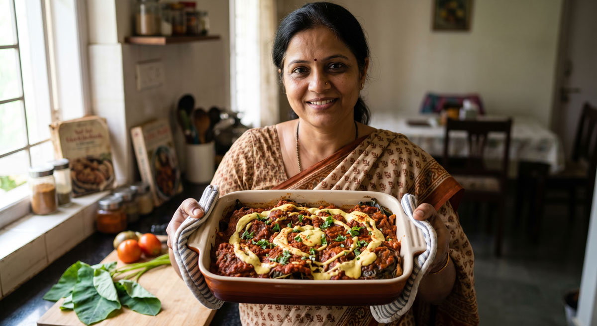 An Indian woman smiling and holding a casserole dish of freshly made Urad Dal Bhara Arbi Patta (stuffed taro leaves) in a kitchen setting.