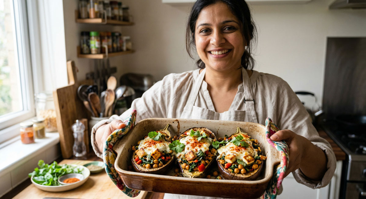 A friendly female chef holding a baking dish of Panir Bhara Baigan, a hearty stuffed eggplant dish.