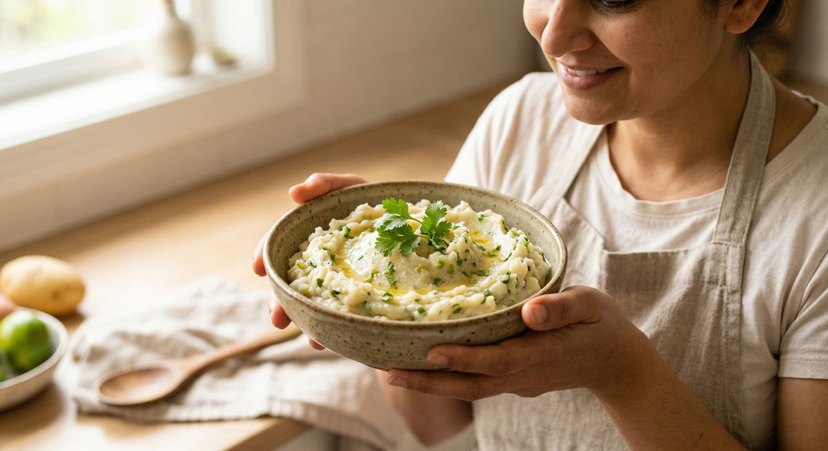 A woman in a linen apron comfortably holding a rustic ceramic bowl of creamy Zesty Mashed Potatoes Aloo Bharta garnished with fresh coriander and a drizzle of ghee in a sunlit kitchen.