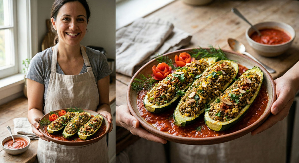 A diptych photo showing a smiling woman holding a plate of Stuffed Zucchini Boats in tomato sauce (left) and a detailed close-up of the dish garnished with buckwheat pilaf, almonds, and dill on a wooden table (right)