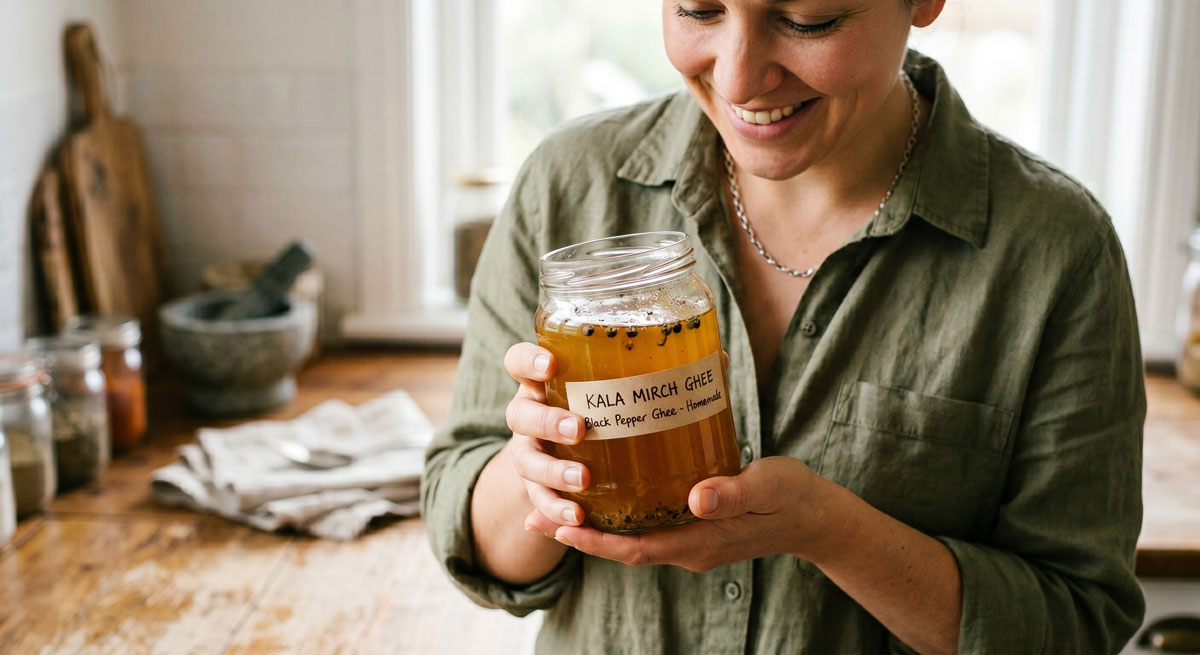 A smiling woman in a rustic kitchen holds a clear glass jar filled with golden, homemade Black Pepper Ghee, which shows whole peppercorns suspended within it.
