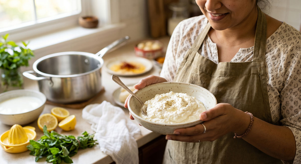 A close-up photograph of a smiling woman wearing an apron, holding a ceramic bowl of freshly made, soft Chenna Cheese in a bright kitchen. Around her on the counter are fresh lemons, mint, a pot on the stove, and ingredients for the recipe.