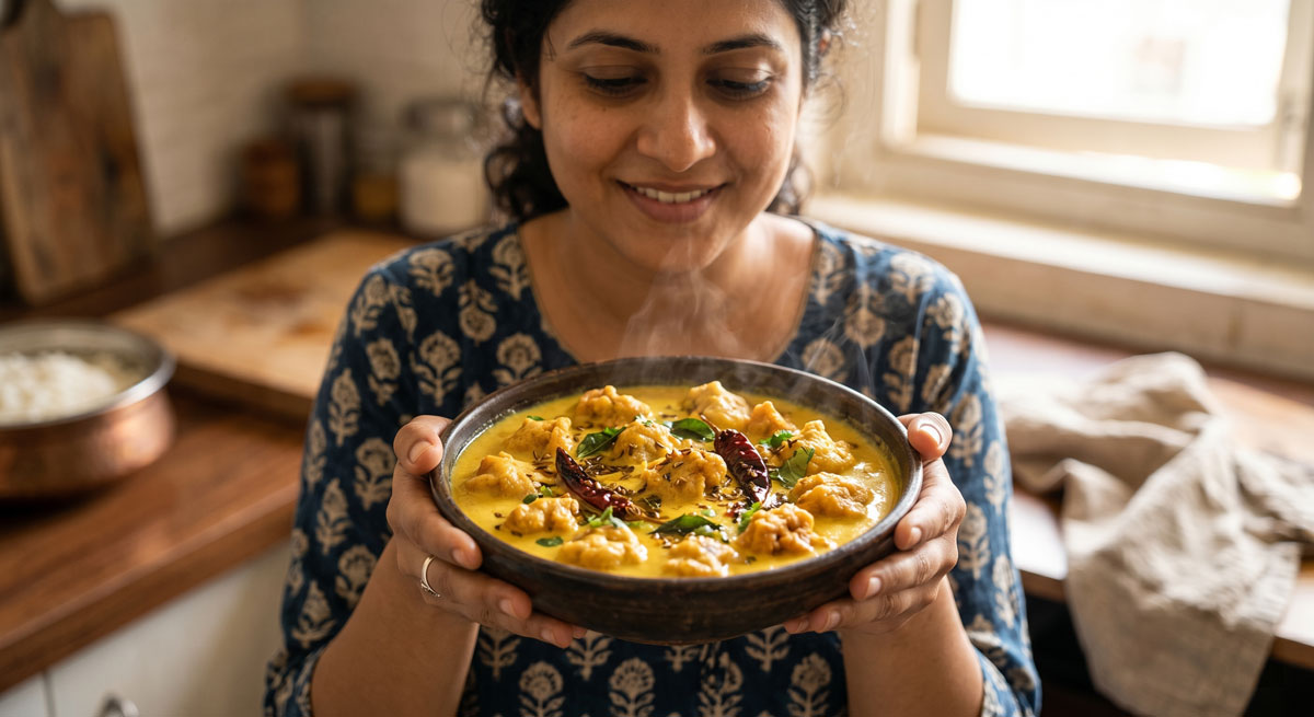 A smiling woman holding a rustic ceramic bowl filled with steaming, creamy Pakora Karhi (North Indian yogurt curry with chickpea dumplings), garnished with dried red chilies and curry leaves in a warm kitchen setting.