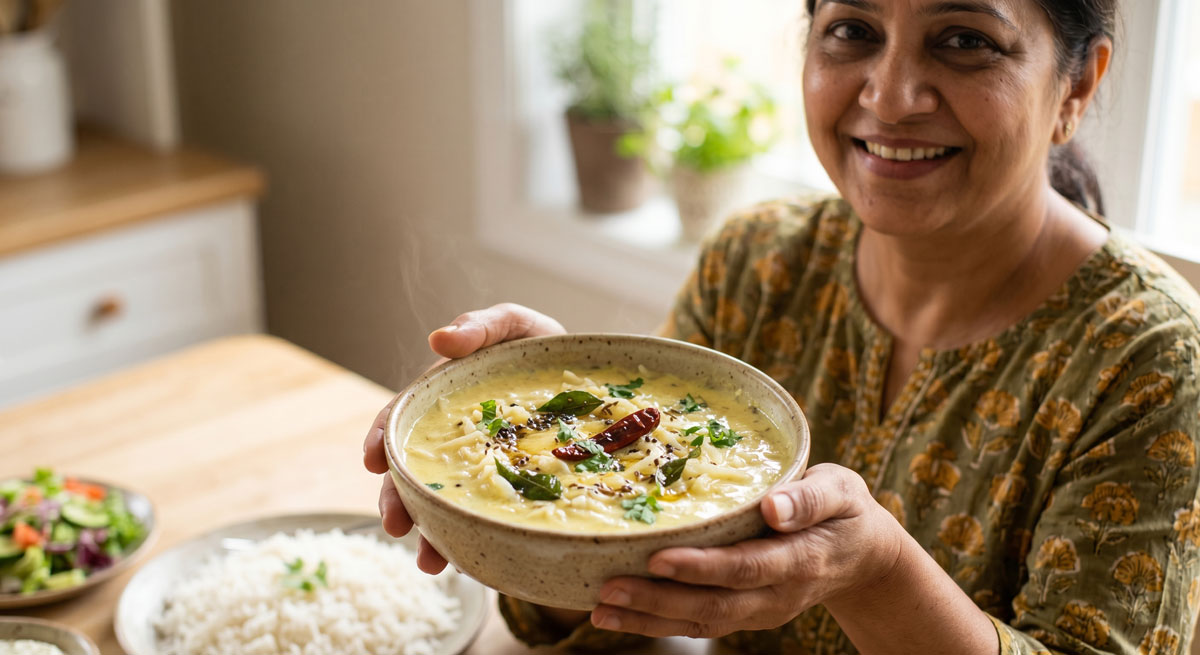 Smiling woman in a patterned top presents a steaming bowl of creamy soup garnished with herbs, in a bright kitchen.