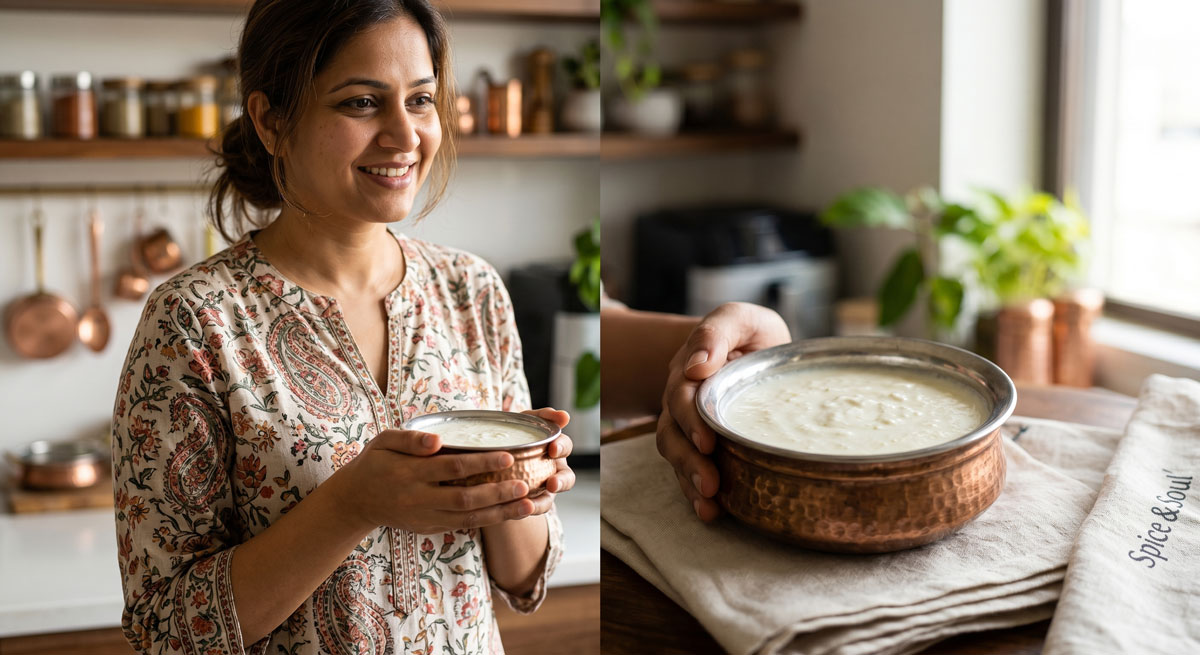 A two-panel image displaying a smiling woman in a traditional kitchen holding a bowl, alongside a close-up of the prepared creamy Cultured Buttermilk Khasa Chaach served in a rustic hammered copper and stainless steel dish on a linen napkin.
