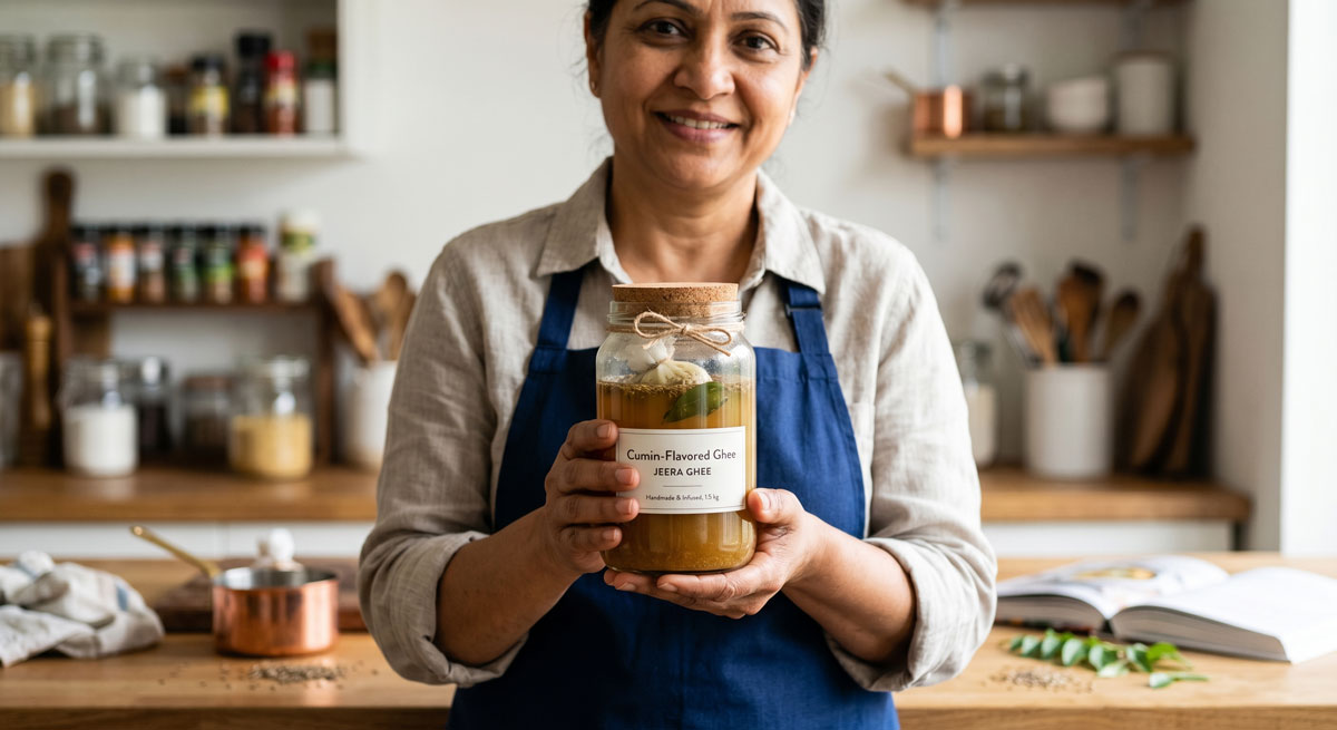 A smiling female chef wearing a blue apron stands in a bright kitchen, proudly holding a large glass jar of freshly made, homemade Jeera Ghee (cumin-flavored ghee) infused with curry leaves.