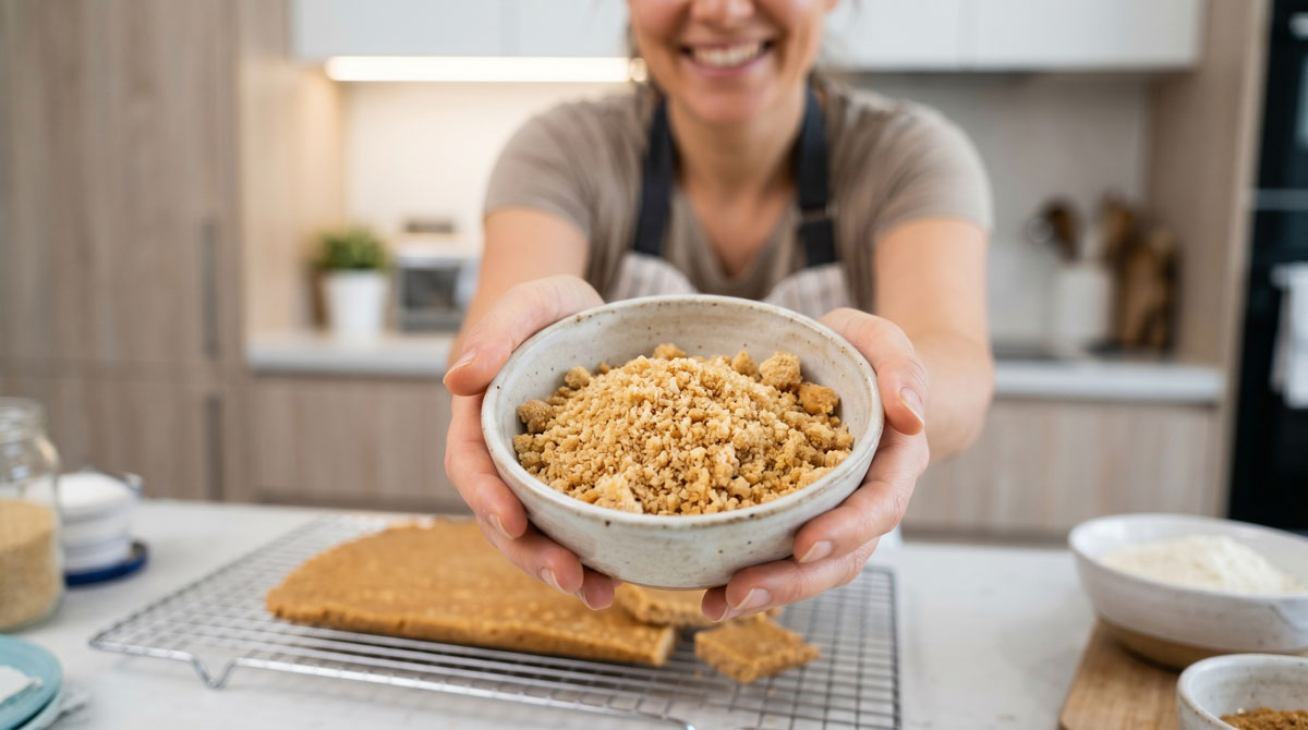 A close-up shot of a smiling chef holding a ceramic bowl filled with coarse, golden-brown grated Danedhar. In the blurred background, a whole baked Danedhar flat cake rests on a wire cooling rack in a home kitchen setting.