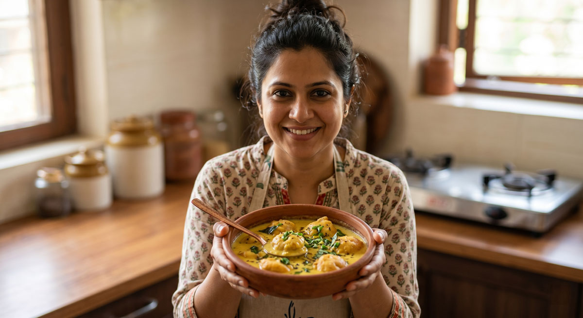 Mangorhi Karhi - A smiling woman in a home kitchen wearing an apron, proudly holding a rustic wooden bowl filled with authentic Mangorhi Karhi (Deep-Fried Mung Dal Dumplings in Creamy Yogurt Gravy) garnished with fresh cilantro and tempered spices.