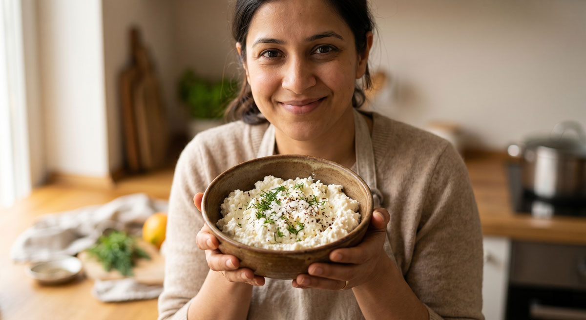 A woman in an apron presenting a ceramic bowl filled with homemade Khatte Panir (Fresh Curd Cheese), garnished with fresh dill and black pepper.