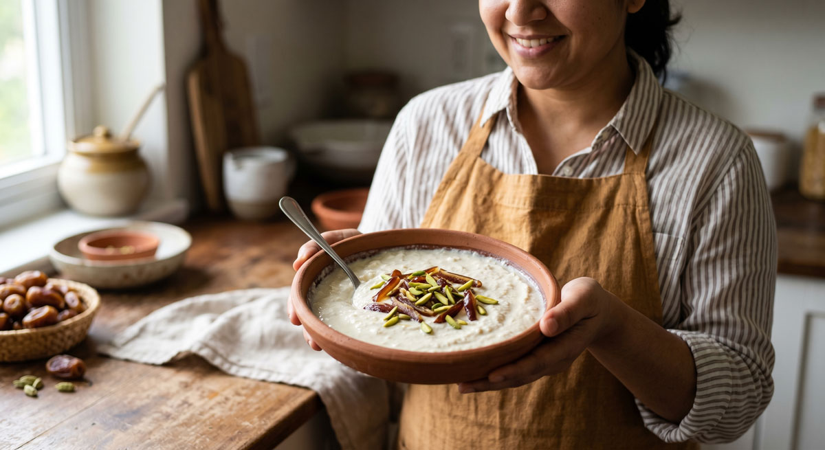 A woman in an apron holding a porous, traditional unglazed clay bowl filled with freshly made Fresh Date Yogurt Khajar Dahi, garnished with slivered dates and bright green pistachios in a warm kitchen setting.