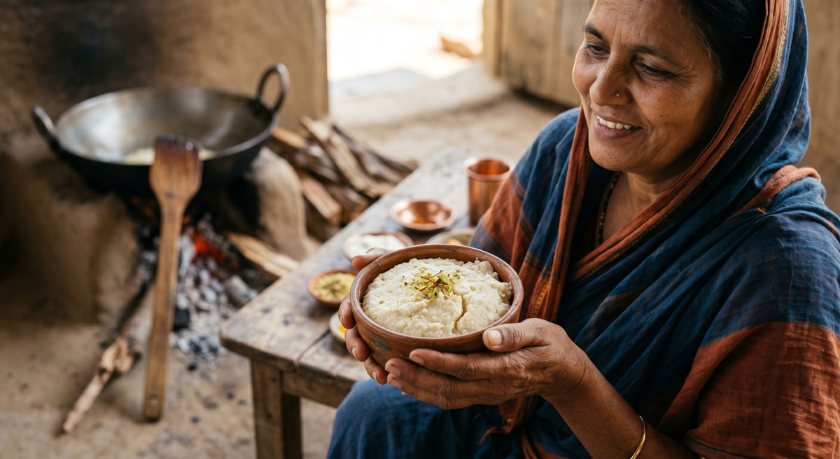 Smiling Indian woman in a blue and orange sari holds a clay bowl of creamy food in a rustic outdoor kitchen.