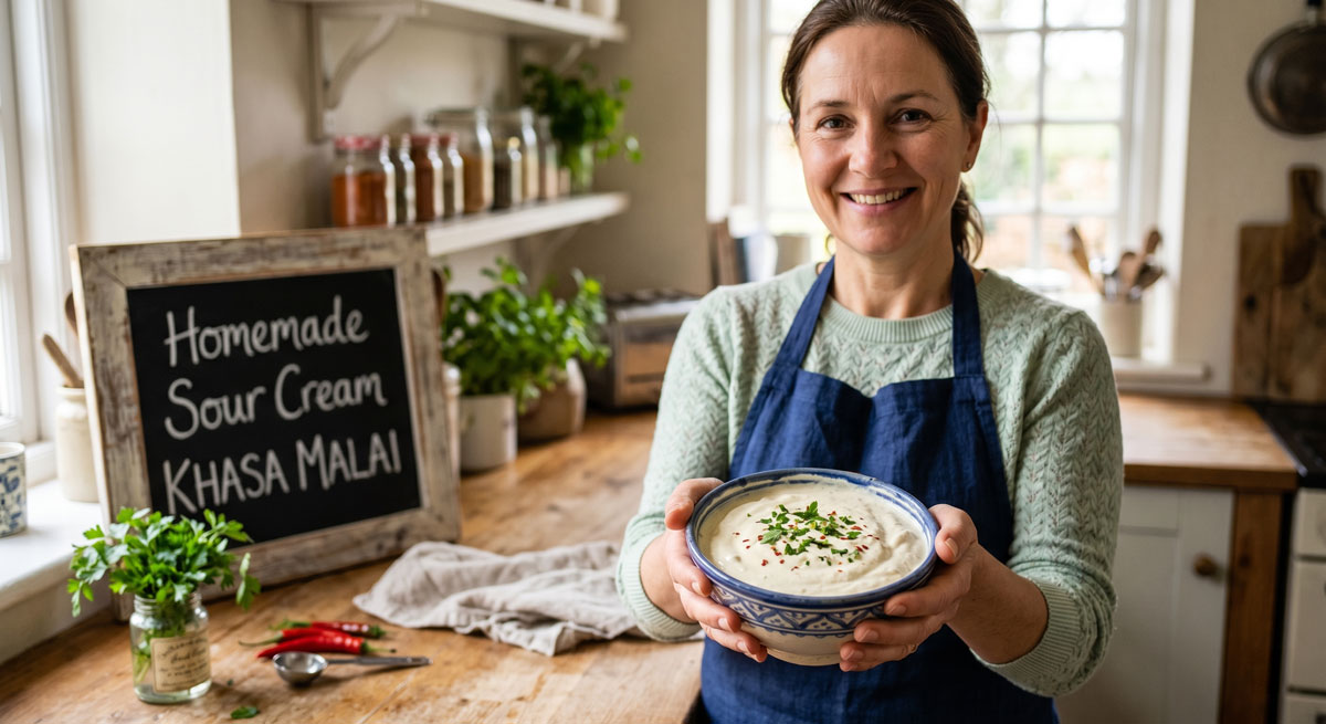 A smiling woman wearing a blue apron in a rustic kitchen, presenting a ceramic bowl of freshly prepared, thick Homemade Sour Cream KHASA MALAI garnished with parsley and red pepper flakes. A chalkboard sign in the background reads "Homemade Sour Cream KHASA MALAI"