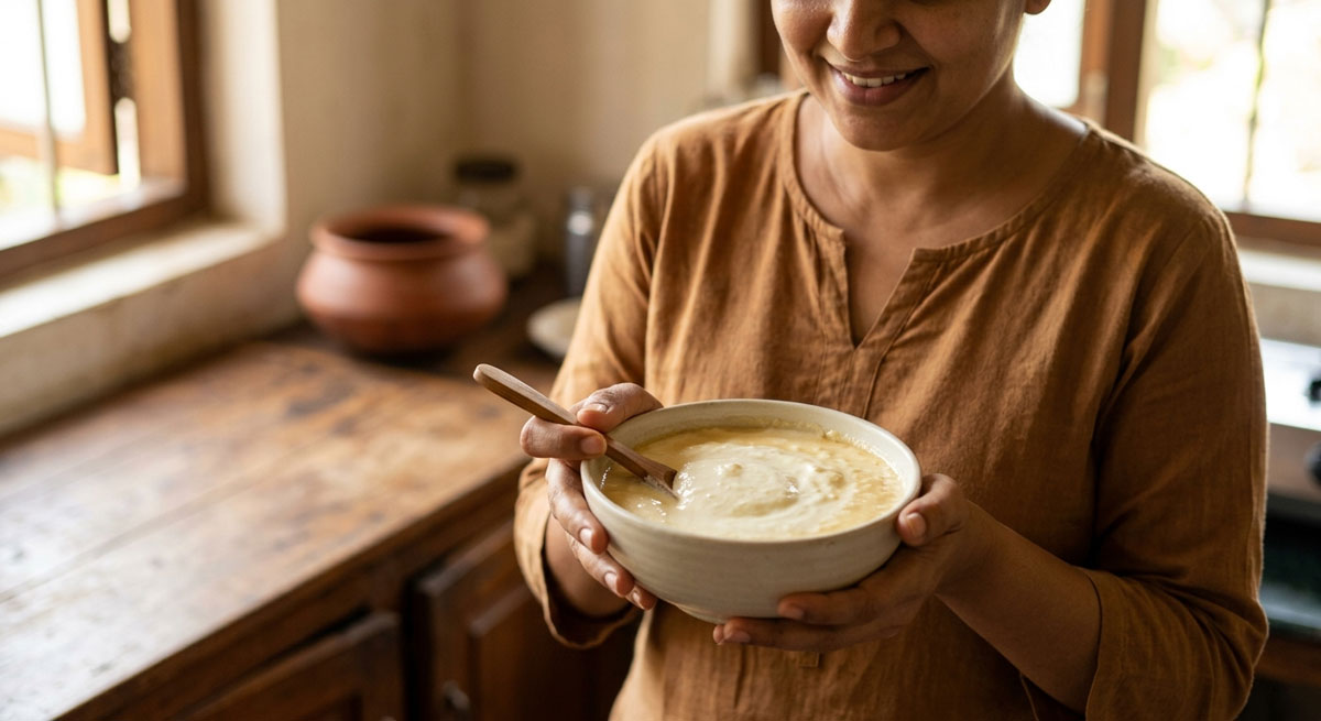 Smiling woman in a brown top holds a bowl of creamy porridge with a wooden spoon in a sunlit kitchen.