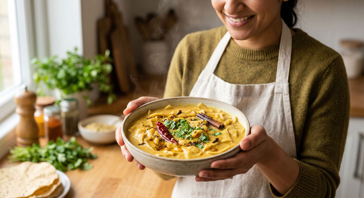 Person in a white apron presenting a bowl of creamy curry garnished with cilantro and spices in a kitchen, smiling down at it.