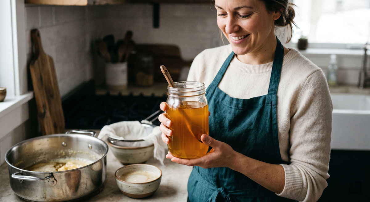 A smiling woman in an apron holds a large glass jar of liquid Oven-Method Ghee with a wooden spoon in it, in a rustic kitchen setting with cooking supplies.