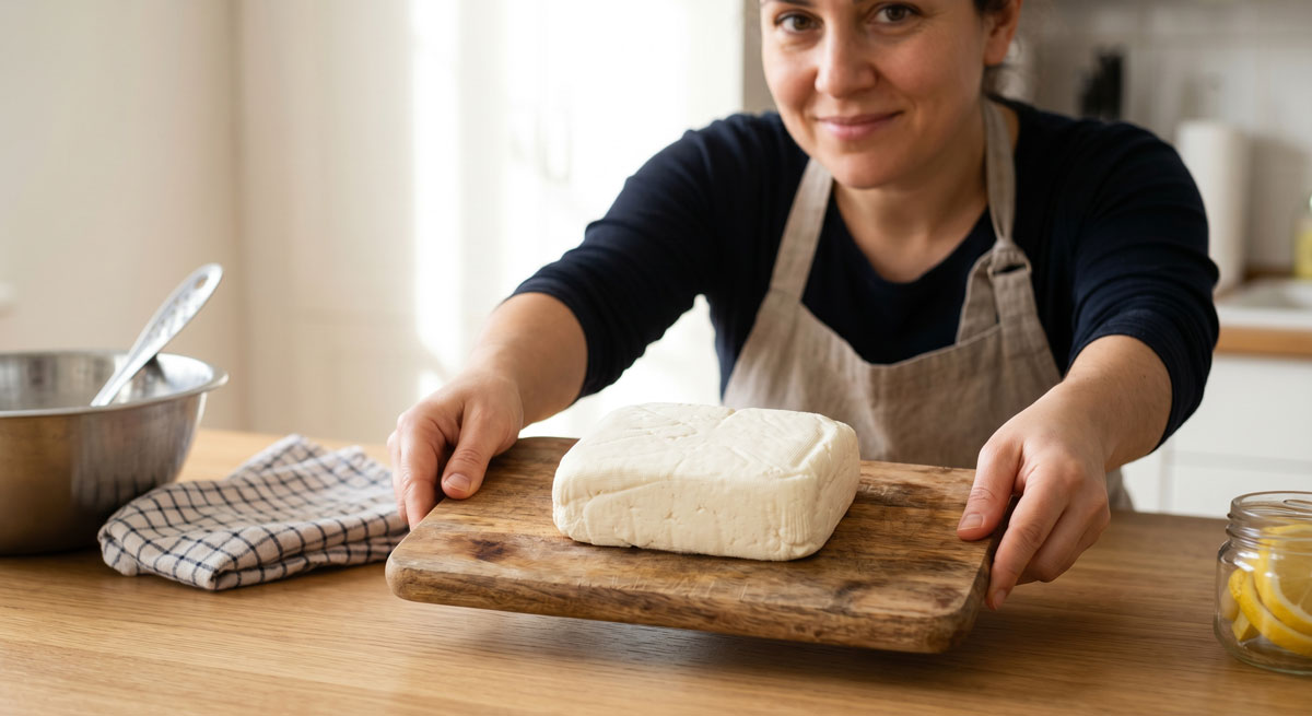 A smiling woman wearing a linen apron holding a rustic wooden board with a fresh, creamy block of homemade Panir Cheese in a bright kitchen.