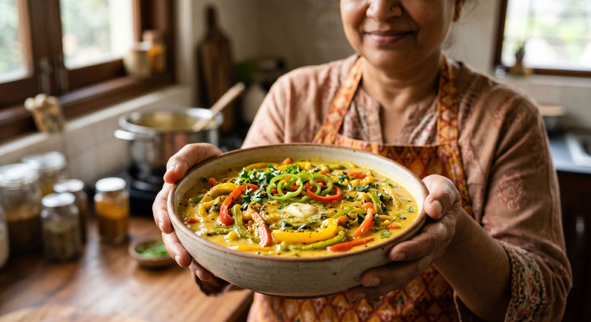 Close-up of a woman in an apron proudly holding a ceramic bowl filled with an inviting South Indian Simla Mirch Karhi. The dish showcases vibrant red, yellow, and green sautéed bell peppers simmering in a rich, golden, creamy yogurt and chickpea flour sauce, garnished with fresh cilantro, whole spices, and a dollop of butter in a rustic kitchen setting.