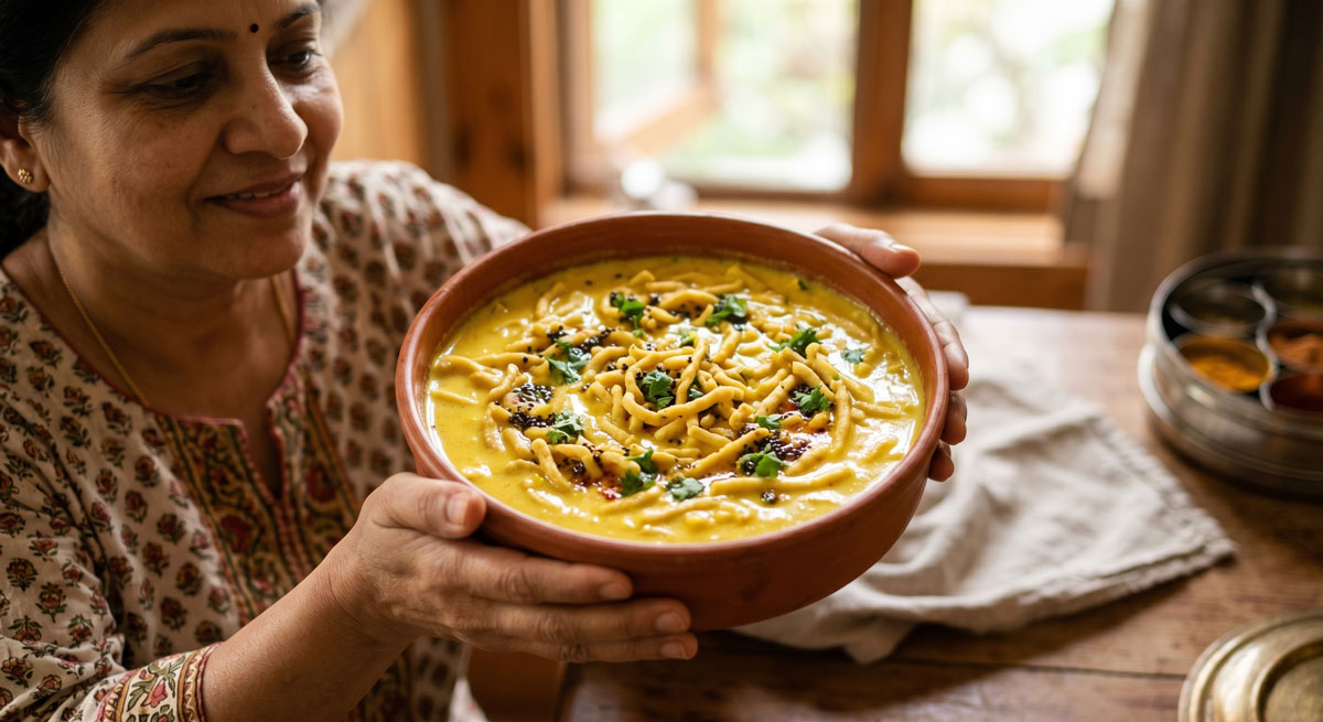 A smiling woman comfortably holding a warm, rustic bowl of authentic Besan Sev Karhi, featuring handmade chickpea noodles in a vibrant, spiced yogurt sauce garnished with fresh herbs.