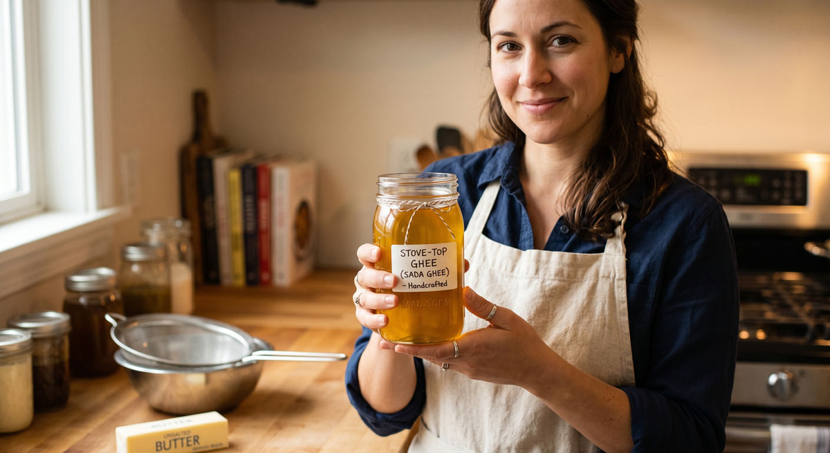 A smiling woman standing in a cozy kitchen wearing an apron, holding a large glass mason jar filled with freshly made golden Stove-Top Ghee.