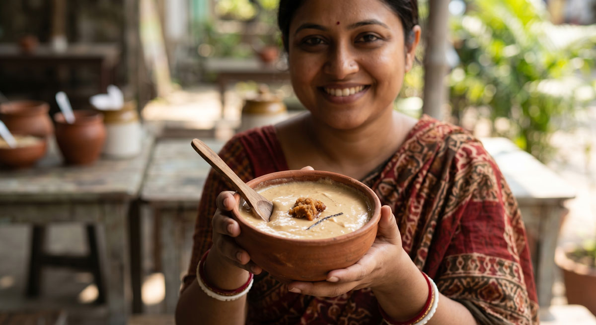 A smiling South Asian woman in a traditional red saree holds a rustic terracotta bowl of creamy Khasa Misthi Dahi, a Bengali sweetened condensed milk yogurt. The bowl, showing slight condensation, includes a dollop of jaggery and a vanilla bean strand.