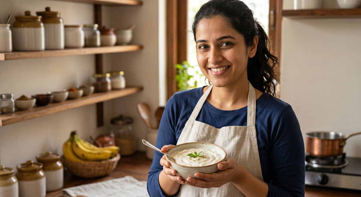 Smiling woman in a beige apron holds a bowl of creamy yogurt garnished with herbs in a cozy kitchen.