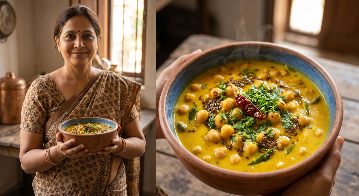 A smiling Indian woman holds a bowl of Chickpea Karhi on the left; on the right, a detailed close-up shows the steaming bowl of Chickpea Karhi with whole chickpeas, herbs, and red chilies.
