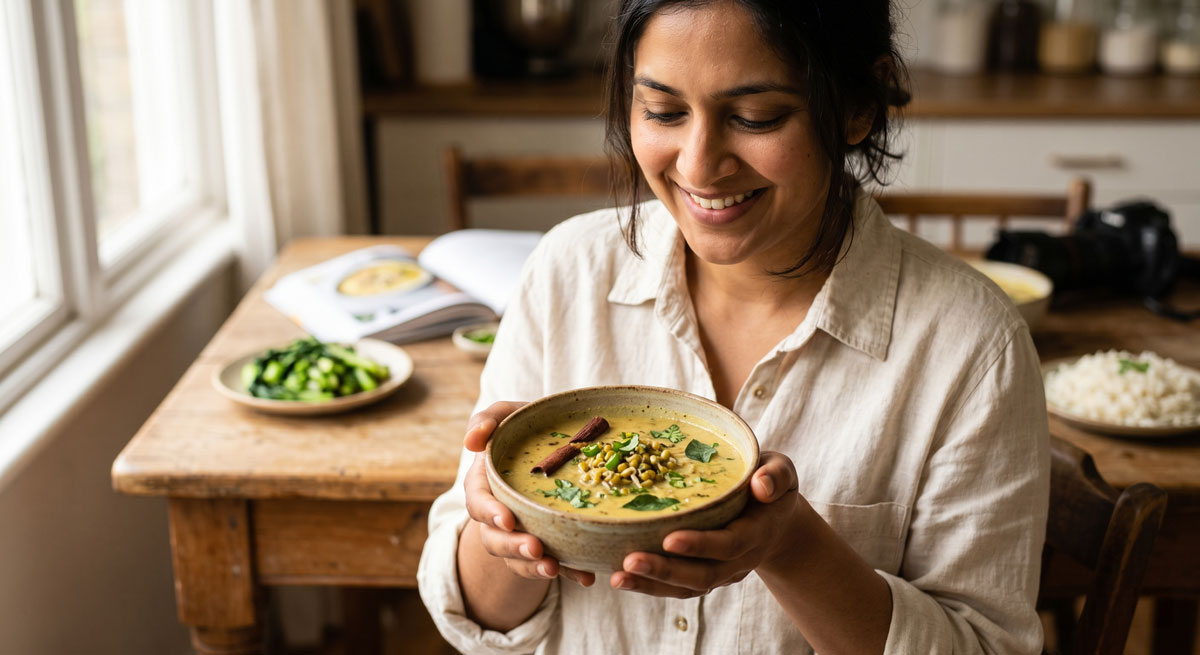 Woman in a light shirt smiles while holding a bowl of creamy soup in a sunny kitchen.