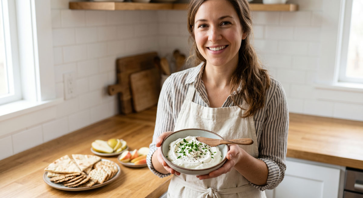 Woman in a striped shirt and apron presenting a bowl of yogurt topped with herbs in a bright kitchen as she smiles at the camera.