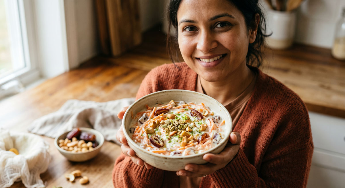 A smiling woman standing in a bright, rustic kitchen holding a rustic bowl of creamy Gajar Kaju Raita, beautifully garnished with shredded carrots, roasted cashews, and sliced dates.