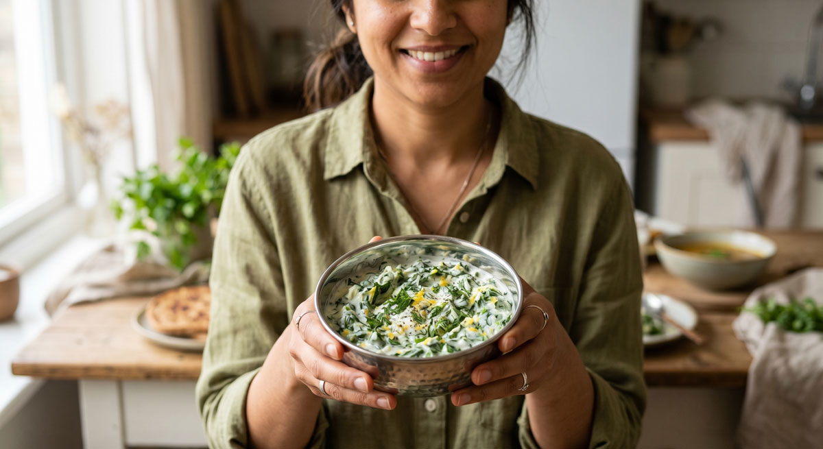 A close-up of a smiling woman holding a metal bowl filled with fresh Palak Raita, a creamy Indian spinach yogurt salad. The Palak Raita is garnished with herbs and lemon zest. The woman is in a rustic kitchen setting.