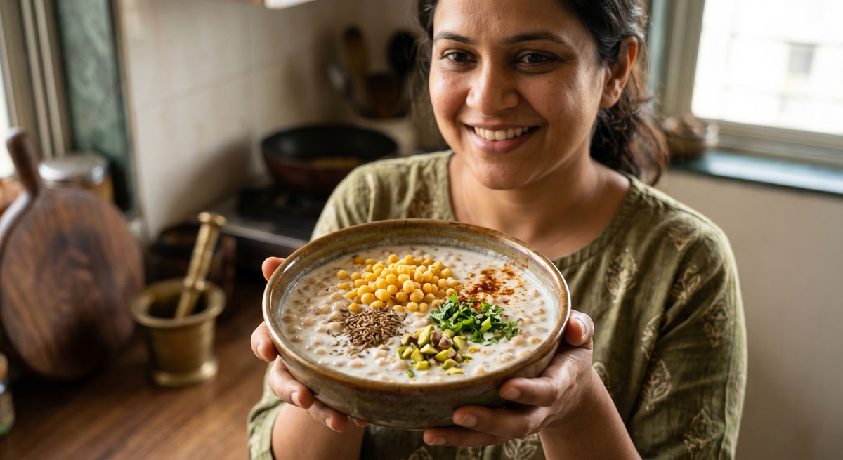 A smiling woman in an Indian kitchen holding a rustic bowl of creamy Boondi Raita, showcasing the small fried chickpea flour pearls (boondi) and garnishes of cumin, pistachios, coriander, and spices. This image is for a traditional Boondi Raita Recipe.