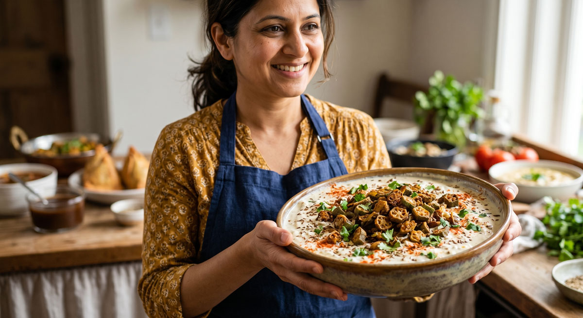 A smiling woman in a blue apron holds a large bowl of creamy Bhindi Raita topped with crispy fried okra, paprika, and cilantro, with samosas in the background.