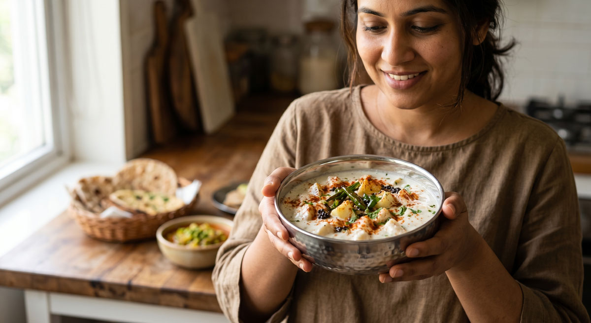Woman smiling and presenting a bowl of creamy, herb-topped dish in a cozy kitchen.