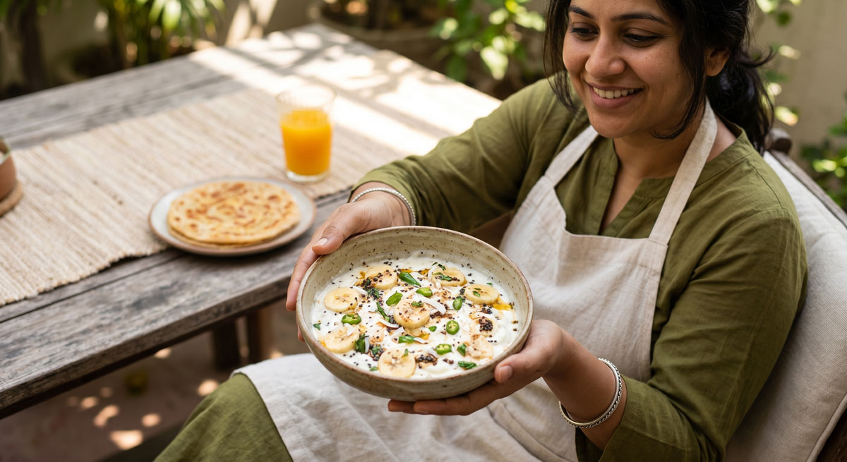 Woman in a green outfit and apron holds a bowl of oatmeal with banana slices and toppings outdoors on a wooden table, smiling at breakfast.