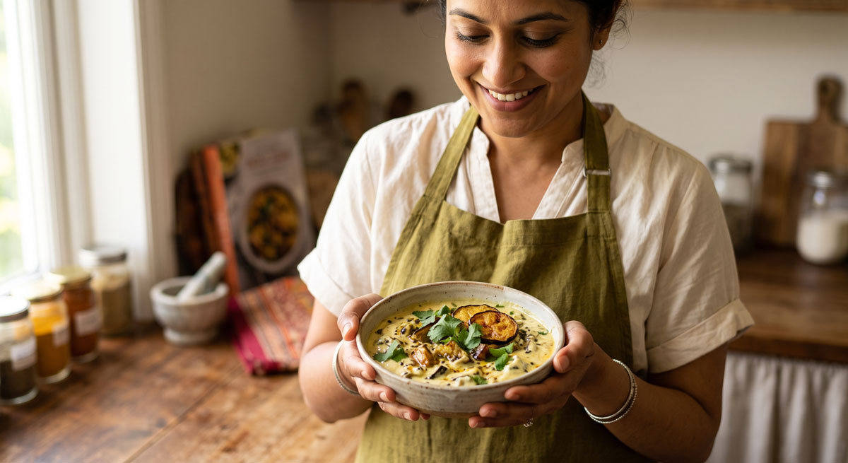 A close-up shot of a smiling South Asian woman in a green apron holding a rustic ceramic bowl of creamy Baigan Raita, garnished with roasted eggplant slices and fresh herbs, in a warm kitchen setting.