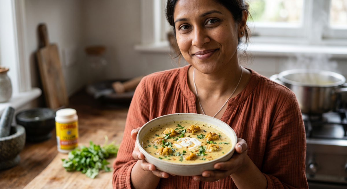 A welcoming chef presenting a bowl of fresh, steaming Toovar Kofta Karhi, featuring split pea dumplings in a golden sauce, for a food blog post.