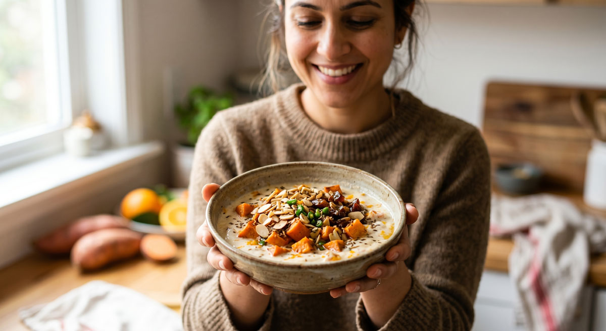 A close-up view of a smiling woman presenting a rustic bowl of Sweet Potato Yogurt Salad (Shakarkand Raita) topped with toasted almonds, dates, and cumin, with raw sweet potatoes visible in the background.