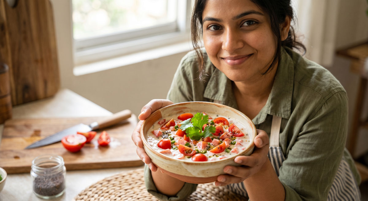 A smiling woman in an apron presenting a ceramic bowl of fresh, creamy Tamatar Raita, an Indian tomato and yogurt salad, garnished with cilantro and tempered spices in a kitchen setting.